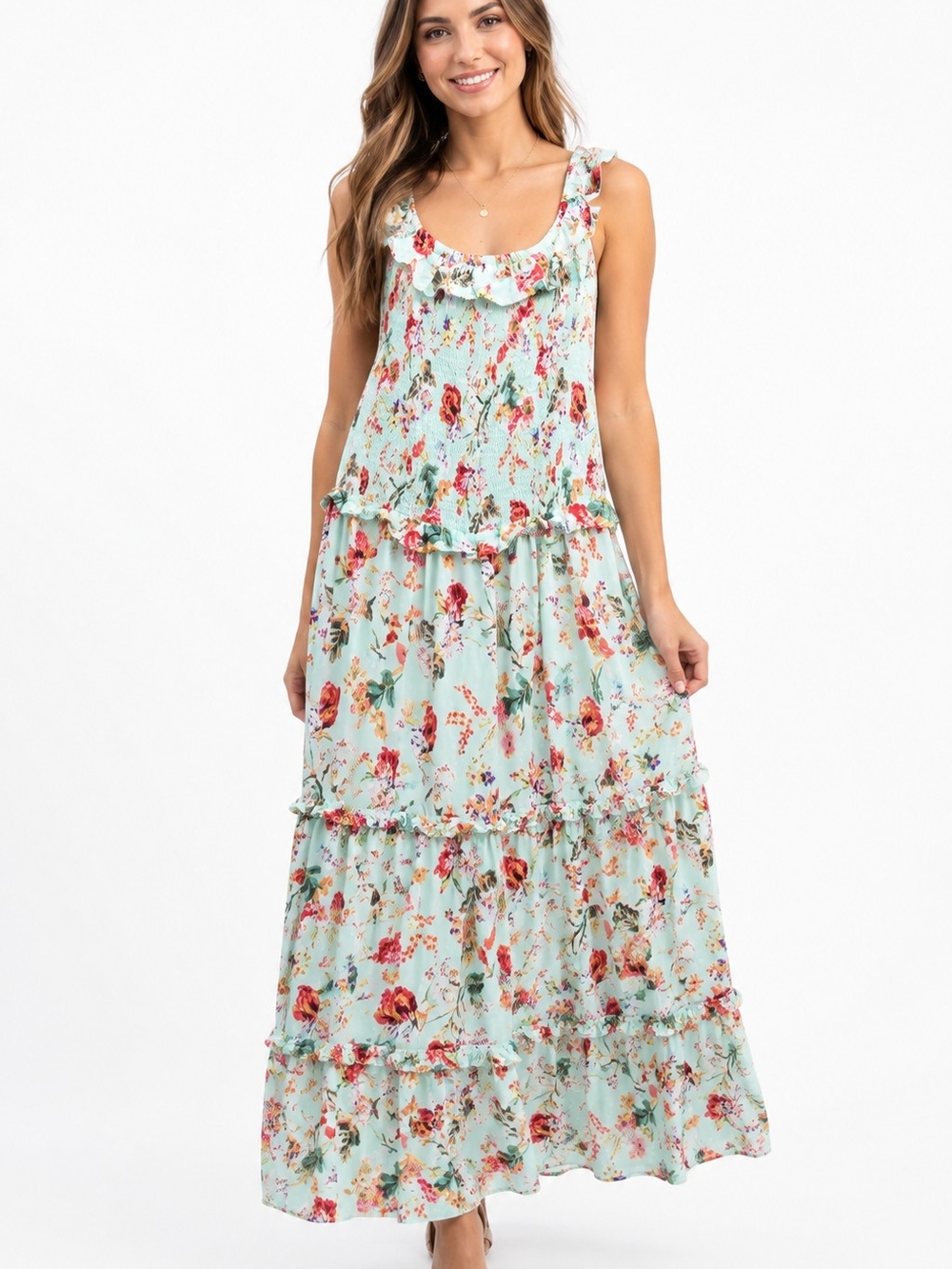 Sleeveless Floral Tiered Maxi Dress Smocked Top Medium